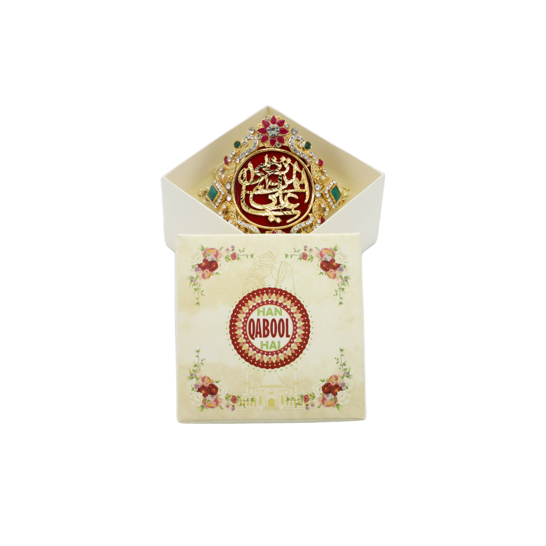 Kundan Imam Zamin Pair – Gold Metal with Silver, Pink & Green Stones on Red Base