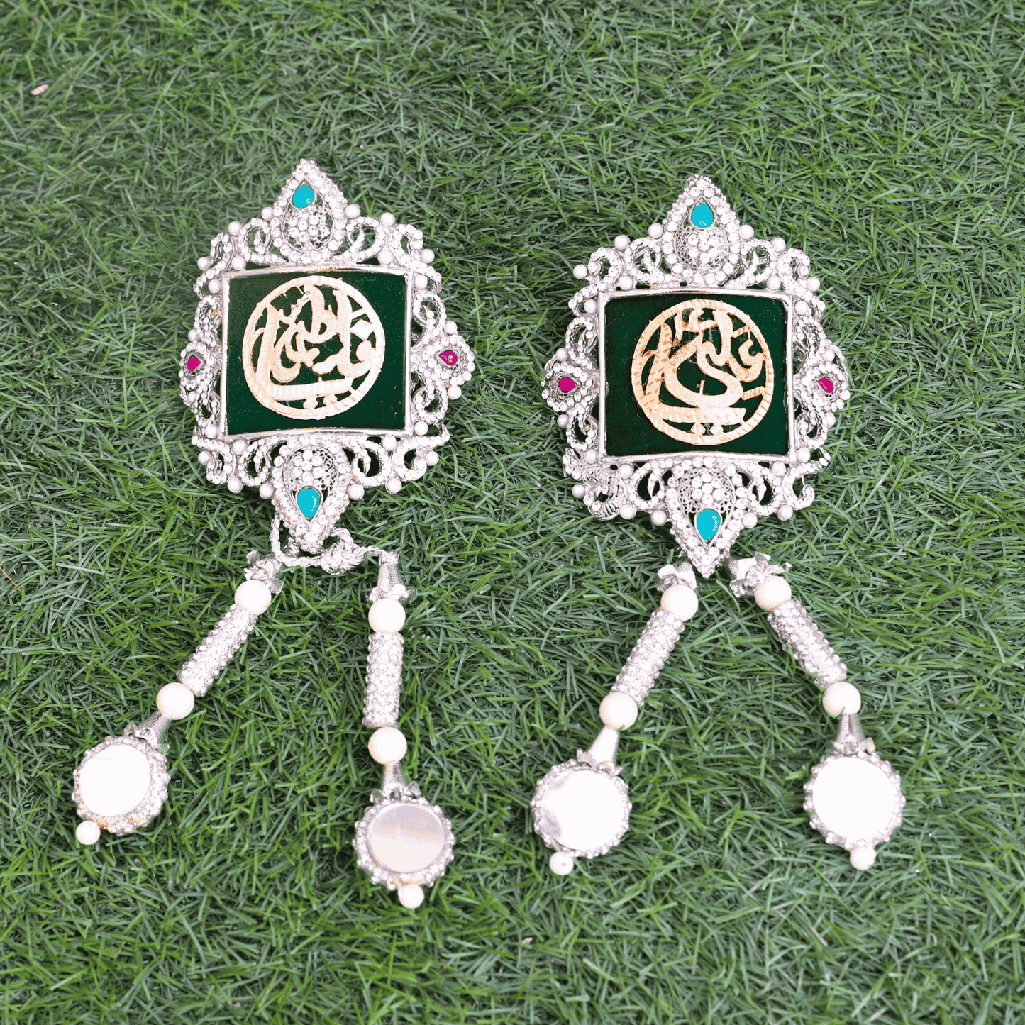 Emerald Green Imam Zamin Wedding Jewelry Set for Bride & Groom - Traditional Bridal Gemstone Set with Sapphire Blue and Deep Rose Crystals | Han Qabool Hai